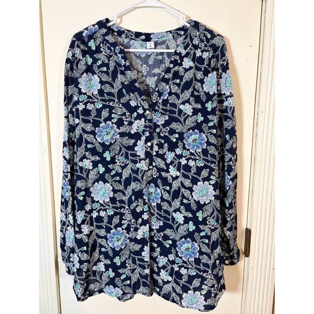 Old Navy Womens XL Navy Blue Floral Button Down Tunic Blouse Long Sleeve Cotton